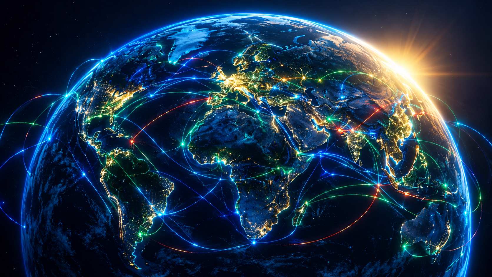 Night earth view from space with glowing trade routes