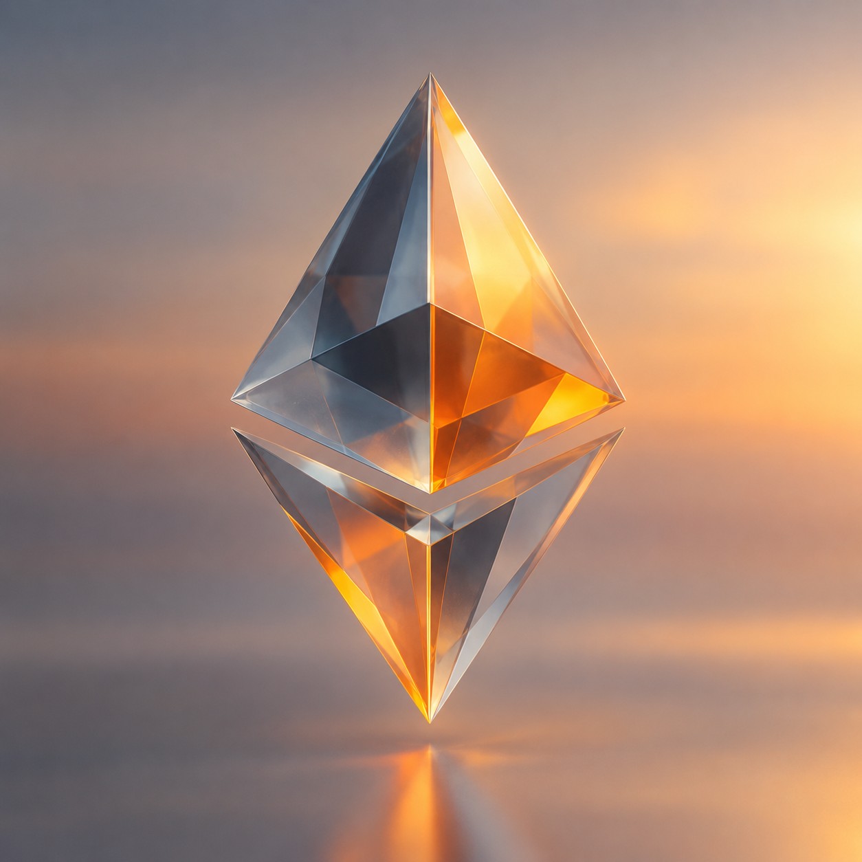 Floating faceted crystal diamond shape in the style of the ethereum symbol