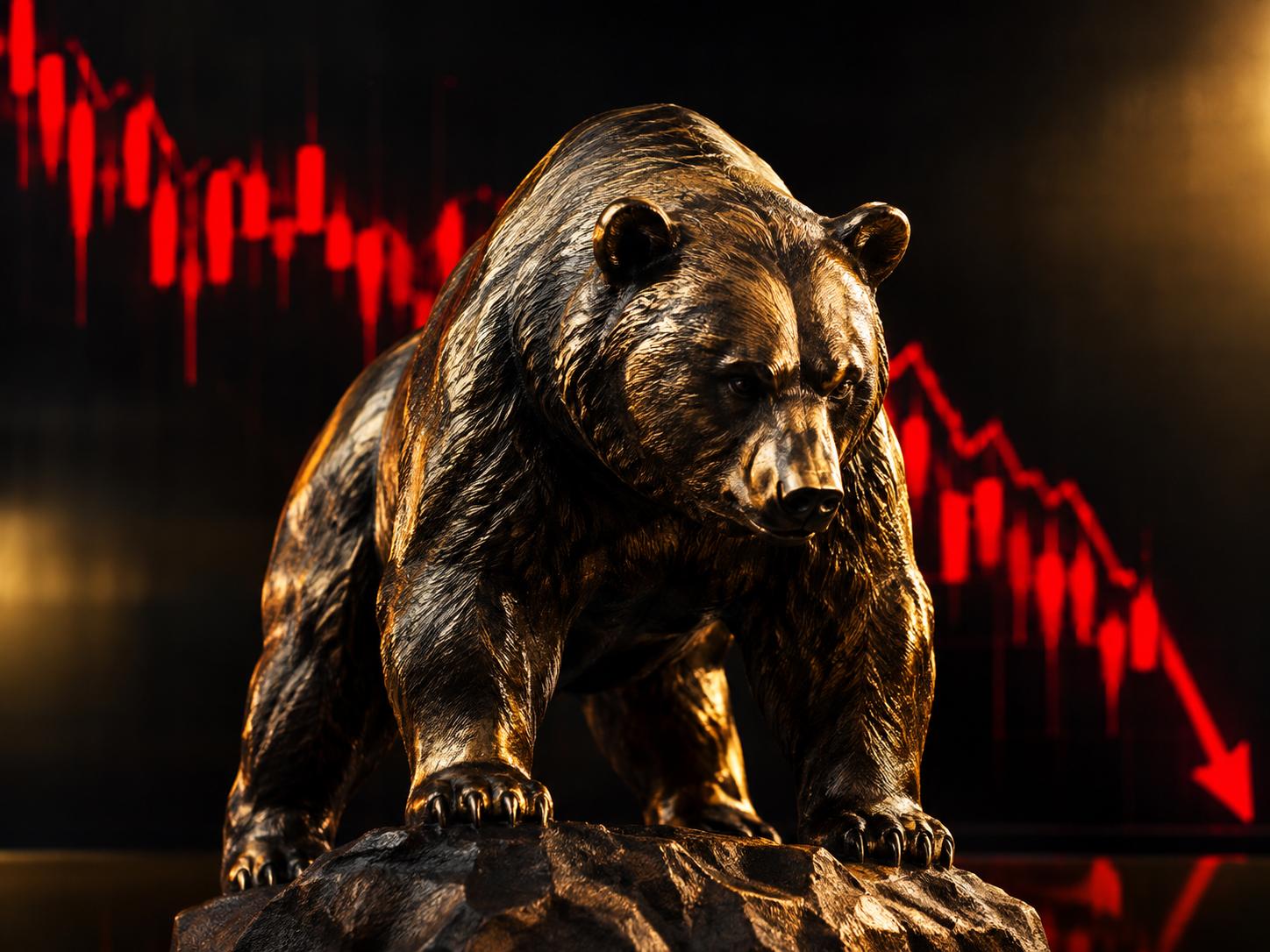 Bronze bear statue with a descending red chart behind it