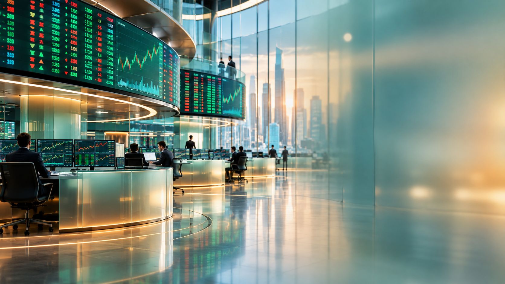 Modern stock exchange trading floor with large screens of green and red tickers