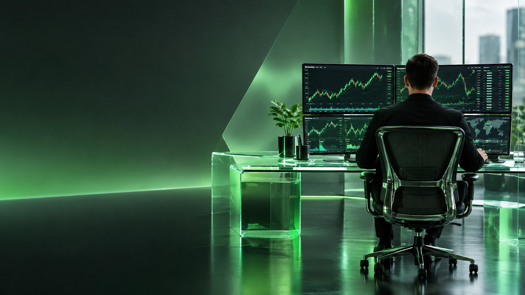 Professional forex trader at a multi monitor desk viewing currency charts seen from behind